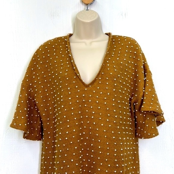 BCBGENERATION- Tan Flared Sleeves White Polka Dot Balls Short Sleeve Dress M - Picture 3 of 12